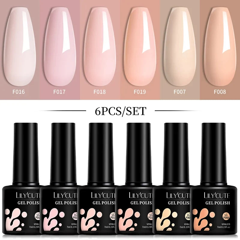 LILYCUTE 6Pcs 7ML Gel DIY Nails Polish Set Bright Pink Nail Charms Soak Off UV LED Gel Varnish Nail Art Design Accessories
