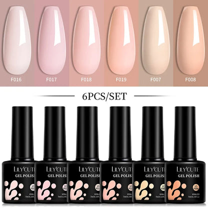 LILYCUTE 6Pcs 7ML Gel DIY Nails Polish Set Bright Pink Nail Charms Soak Off UV LED Gel Varnish Nail Art Design Accessories