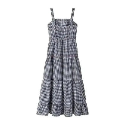 HXAO Embroidery Plaid Long Dresses Women Sleeveless Slip Midi Dress Woman Pleated Backless Beach Dress Vintage Summer Dress by Dropshipman