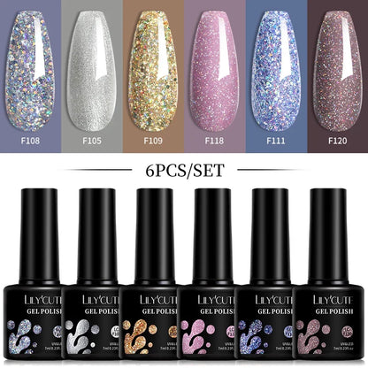 LILYCUTE 6Pcs 7ML Gel DIY Nails Polish Set Bright Pink Nail Charms Soak Off UV LED Gel Varnish Nail Art Design Accessories