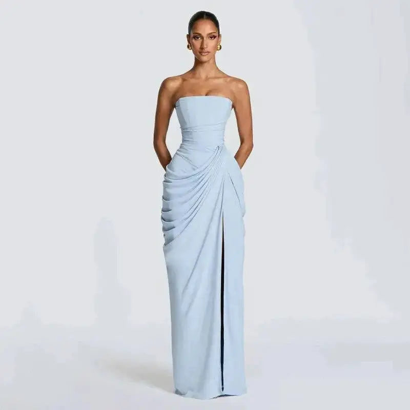 Elegant Solid Strapless Pleated Dress Women Chic Sleeveless Waist Cinching Split Maxi Vestidos 2026 Lady Evening Party Dresses by Dropshipman