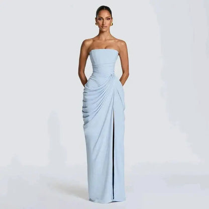 Elegant Solid Strapless Pleated Dress Women Chic Sleeveless Waist Cinching Split Maxi Vestidos 2026 Lady Evening Party Dresses by Dropshipman