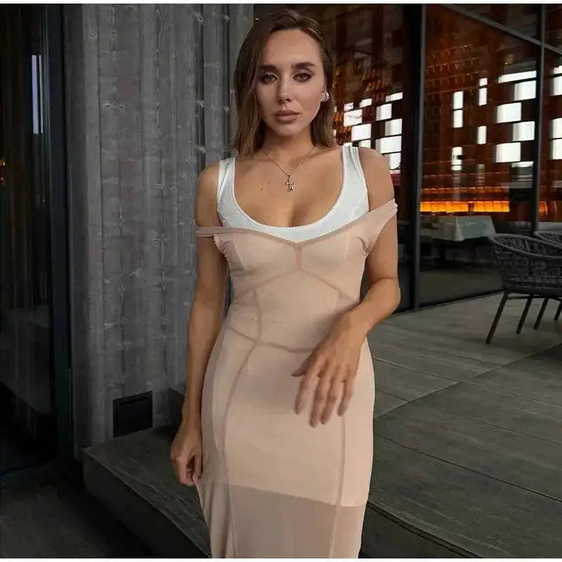 Mesh Overlay Lace Hem Slip Midi Dress Slim Spaghetti Strap Sheer 2026 Summer Elegant Women Bodycon Dress Retro Date Lady Gown by Dropshipman