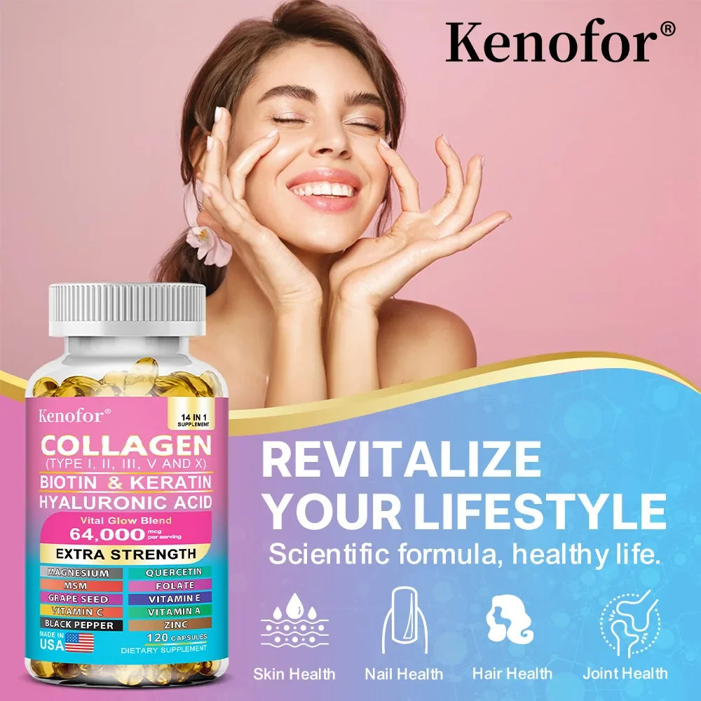 14 IN 1 Collagen Capsules - Biotin &amp; Keratin Skin Care Product Booster Anti Aging Whitening Skin Nail and Hair Care Supplement