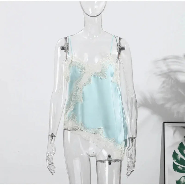 Lace Spliced Square Neck Spaghetti Strap Blouse Loose Fit Cropped 2026 Summer Women Chiffon Top Causal Delicate Lady Blusa SHOPEZRA L.L.C.