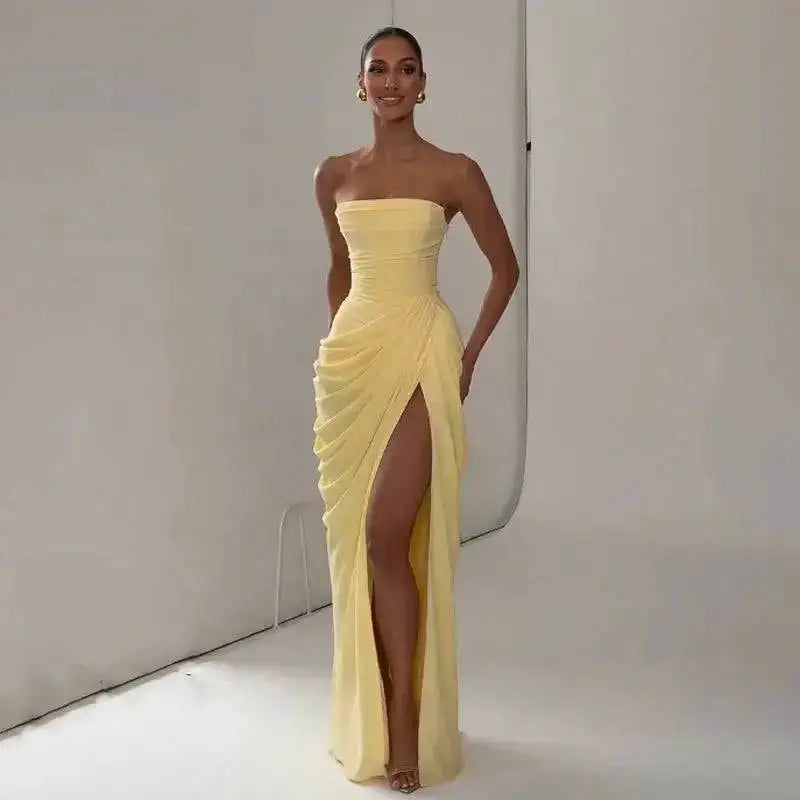 Elegant Solid Strapless Pleated Dress Women Chic Sleeveless Waist Cinching Split Maxi Vestidos 2026 Lady Evening Party Dresses by Dropshipman