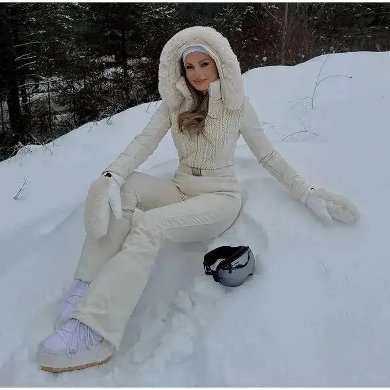 Women Fur Collar Hooded Skiwear Fashion Solid Thicken Zipper High Waist Slim Outdoor Overalls Jumpsuit Lady Winter Outwear by Dropshipman