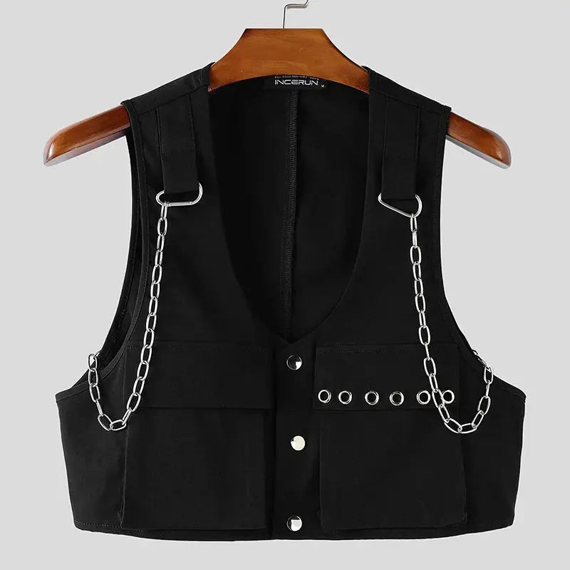 INCERUN Men Vests Solid Color Chain Decoration V Neck Sleeveless Crop Tops Men Streetwear Fashion Casual Male Waistcoats S-3XL SHOPEZRA L.L.C.