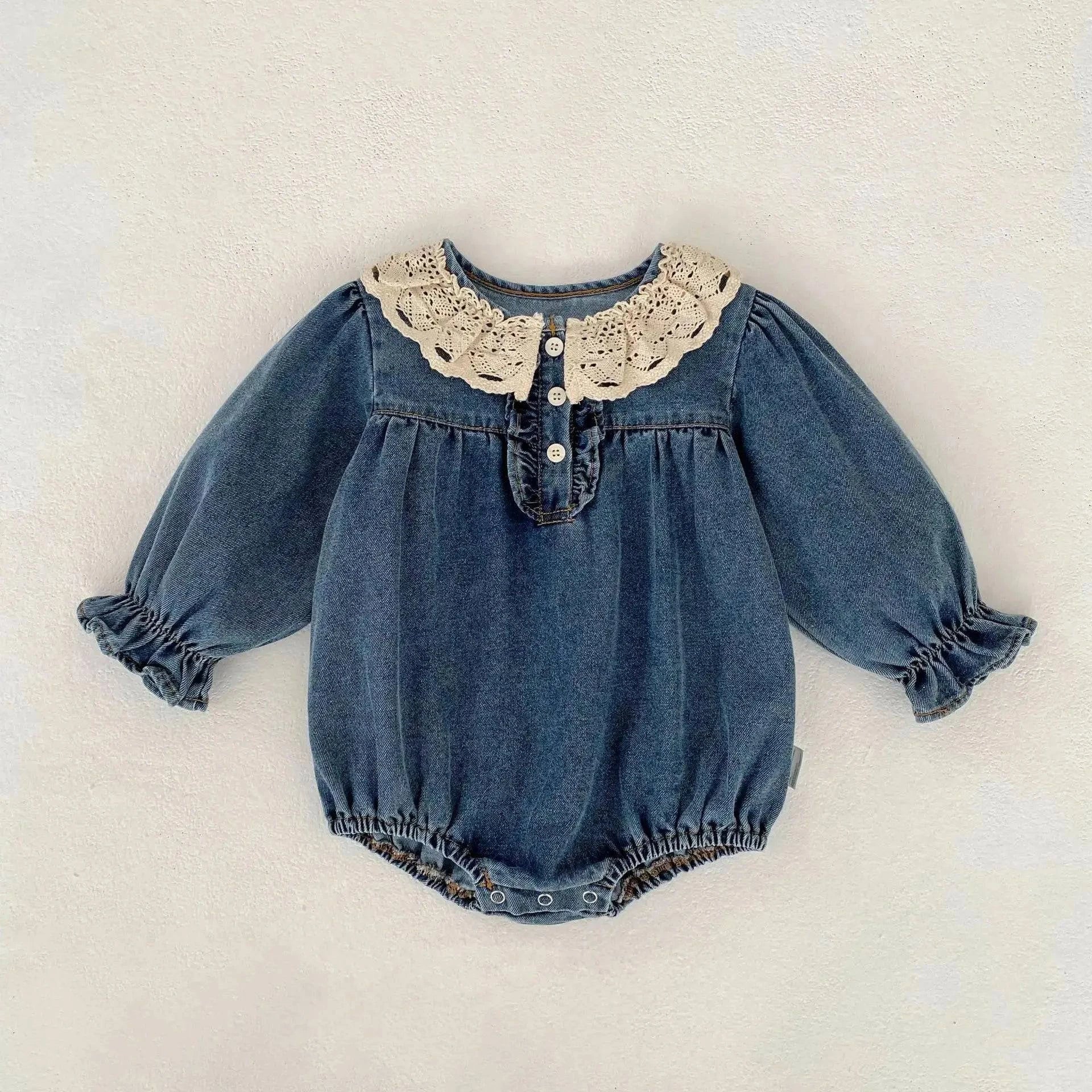 Baby girl denim long-sleeve outfit from SHOPEZRA L.L.C. for spring and autumn, featuring a princess climbing design.