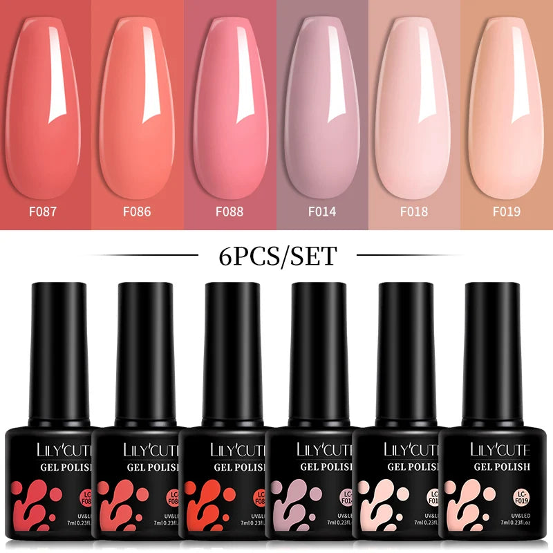 LILYCUTE 6Pcs 7ML Gel DIY Nails Polish Set Bright Pink Nail Charms Soak Off UV LED Gel Varnish Nail Art Design Accessories