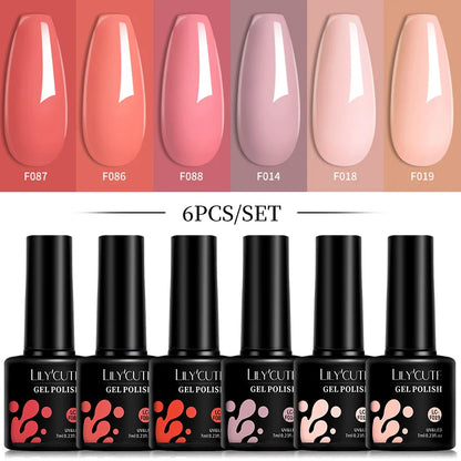 LILYCUTE 6Pcs 7ML Gel DIY Nails Polish Set Bright Pink Nail Charms Soak Off UV LED Gel Varnish Nail Art Design Accessories