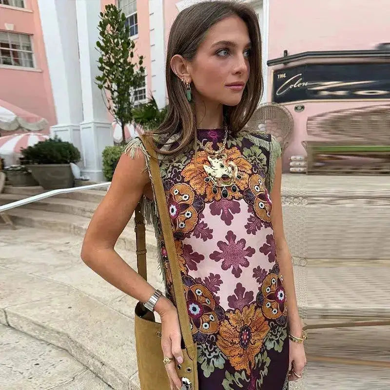 Fashion Tassel Patchwork Floral Printed Dresses Elegant Sleeveless Female Irregular Dresses 2026 Summer Lady Beach Party Robes by Dropshipman