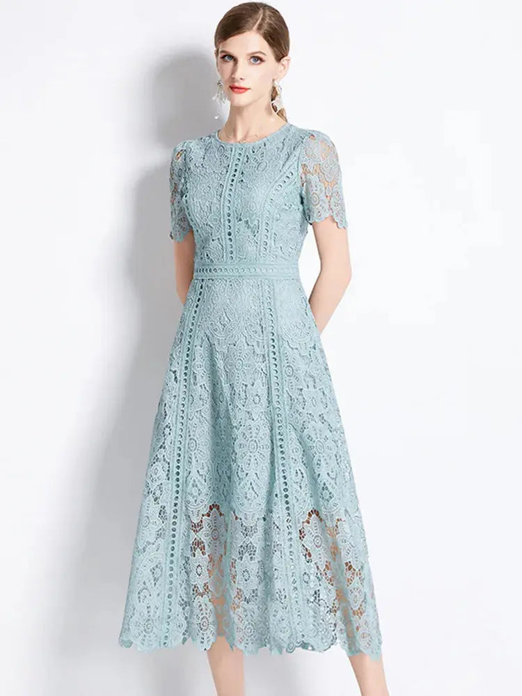SMTHMA Vintage High-End O-Neck Short Sleeve Lace Hollow Out Dress For Women&
