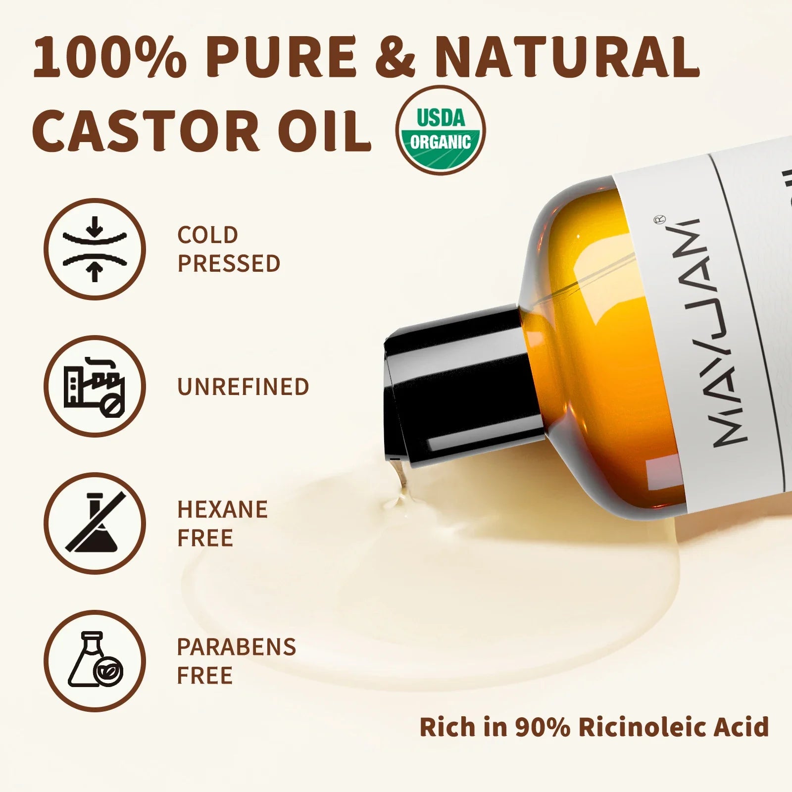 USAD Organic Castor Oil Cold Pressed Pure Natural Carrier Oil for Massage Boby Moisturizing Face, Hair, Skin &amp; Eyelash Growth