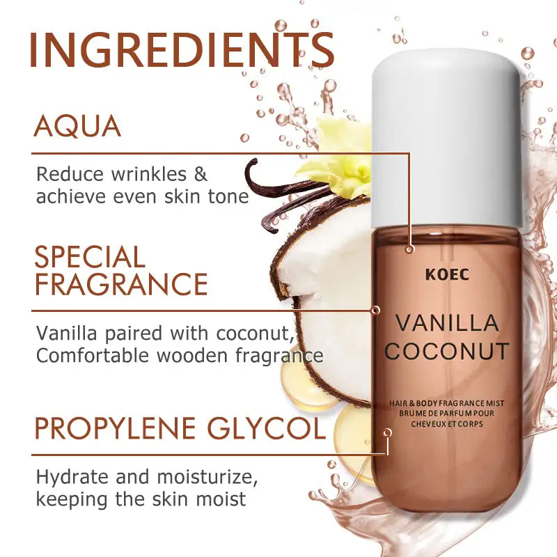 KOEC Vanilla &amp; Coconut Fragrance Mist Perfume Refreshing Moisturizing Triple Notes Plant Fragrances Propylene Glycol