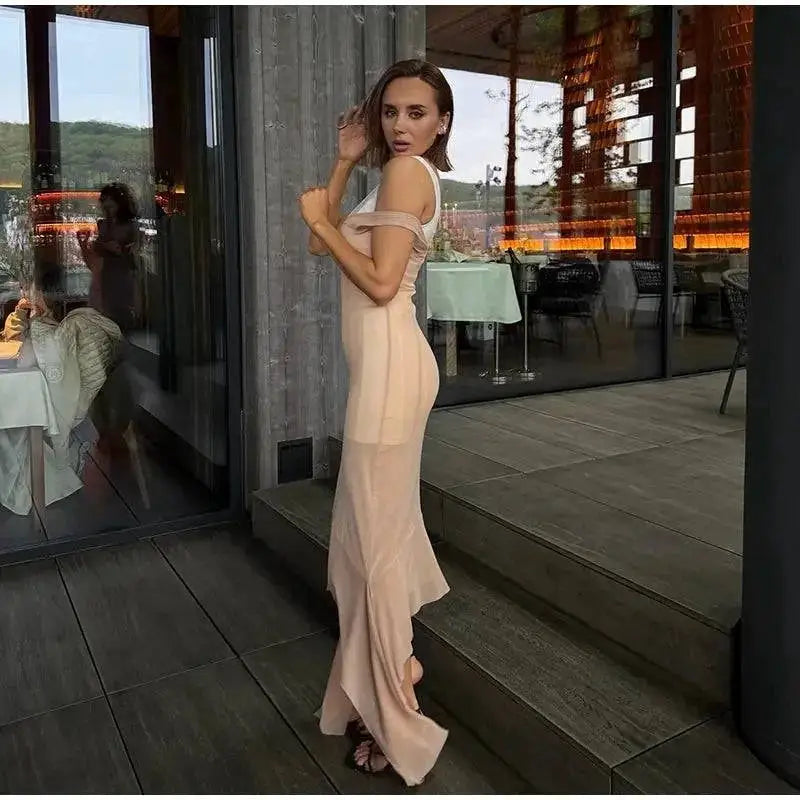 Mesh Overlay Lace Hem Slip Midi Dress Slim Spaghetti Strap Sheer 2026 Summer Elegant Women Bodycon Dress Retro Date Lady Gown by Dropshipman