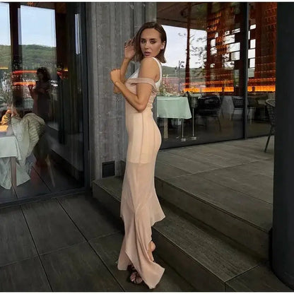Mesh Overlay Lace Hem Slip Midi Dress Slim Spaghetti Strap Sheer 2026 Summer Elegant Women Bodycon Dress Retro Date Lady Gown by Dropshipman