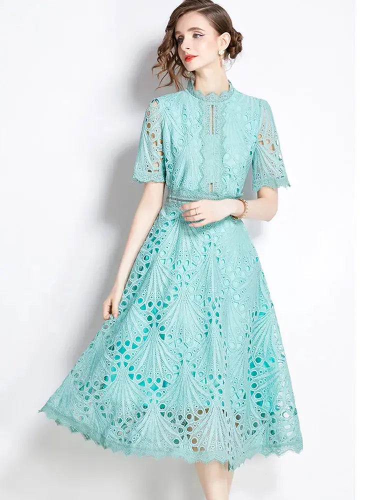 SMTHMA Vintage High-End O-Neck Short Sleeve Lace Hollow Out Dress For Women&