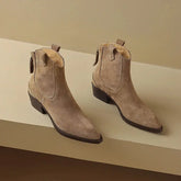 Cow Suede Women Western Boots Black Brown Khaki Mid Block Heels Back Zipper Pointed Toe Retro Ladies Autumn Winter Ankle Boots SHOPEZRA L.L.C.