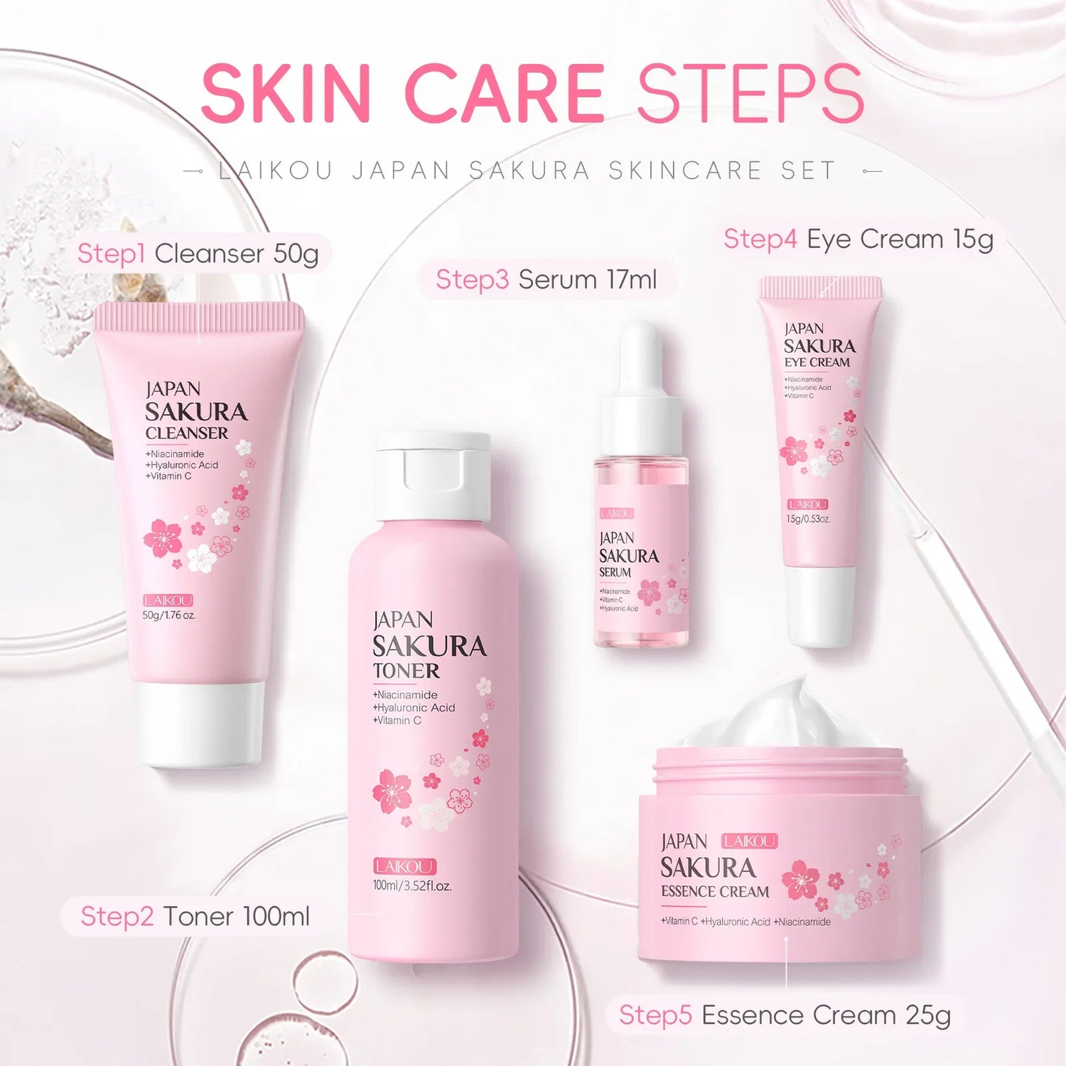 LAIKOU Sakura Kit Skin Care Sets Moisturizing and Reducing Fine Lines Cleansing Pore Product 5-Piece Korean Women&