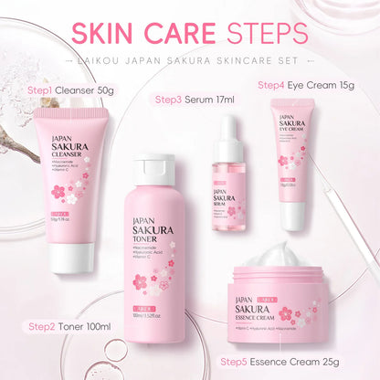 LAIKOU Sakura Kit Skin Care Sets Moisturizing and Reducing Fine Lines Cleansing Pore Product 5-Piece Korean Women&