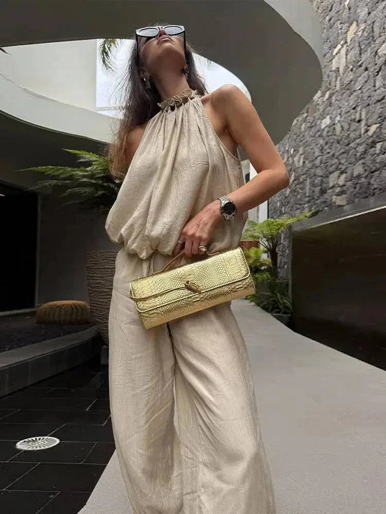 Beaded halter neck bubble top with high waist wide-leg linen blend pants set, summer casual resort office outfit in neutral tones