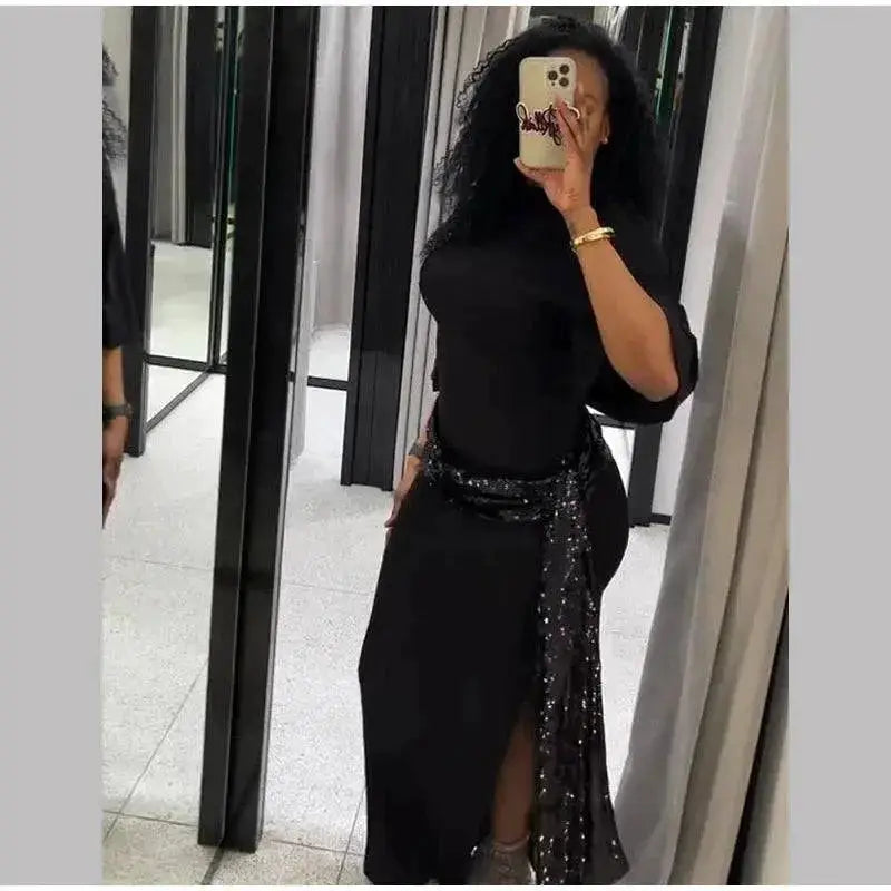 Sequin Patchwork Backless Dress Women Elegant Solid Middle Sleeve Cinched-waist Slim Long Dresses Fashion Evening Party Vestidos by Dropshipman
