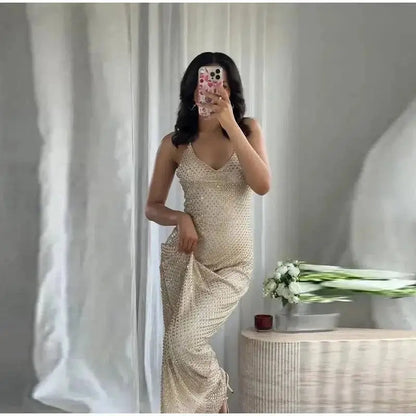 Rhinestone Shining Sexy Evening Dress Women Sleeveless Backless Slim Party Pleated Gown Female Dresses Street Vacation Lady Robe by Dropshipman
