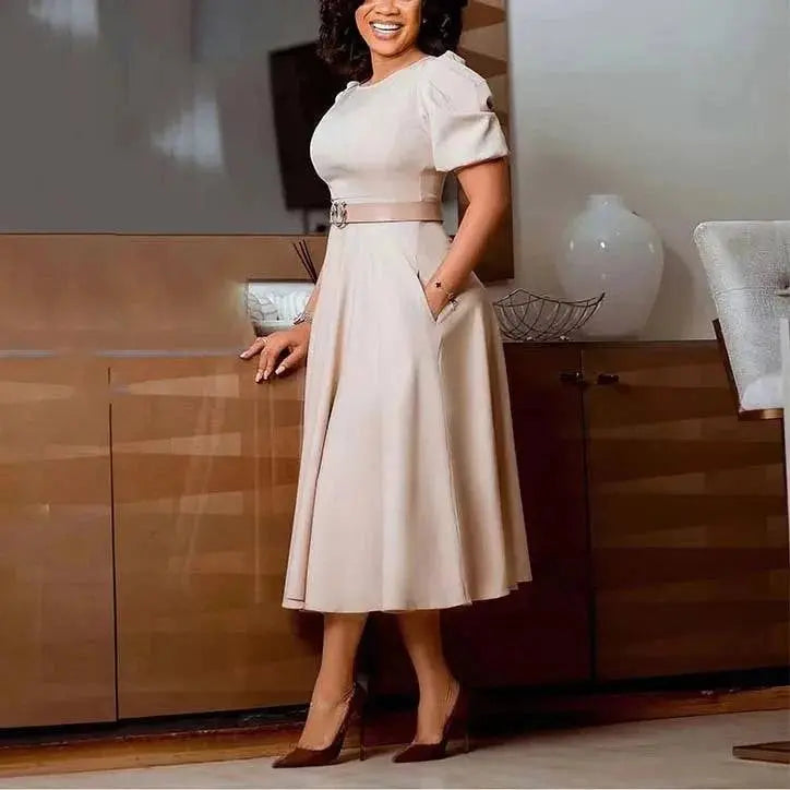 Elegant women's office dress by SHOPEZRA L.L.C. with O-neck, short sleeves, belt, A-line silhouette, mid-calf length for formal work.