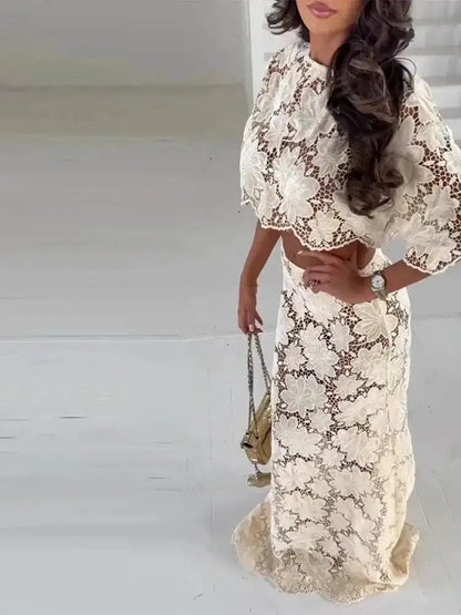 Flower Short Top Long Half Skirt Lady Set Round Neck Short Sleeve Tops High Waist Slim Maxi Skirts Sexy Fashion Women&