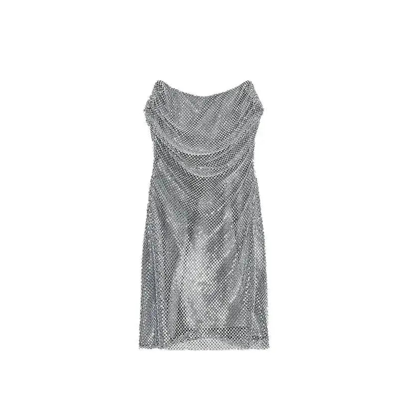 Rhinestone Shining Sexy Evening Dress Women Sleeveless Backless Slim Party Pleated Gown Female Dresses Street Vacation Lady Robe by Dropshipman