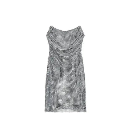 Rhinestone Shining Sexy Evening Dress Women Sleeveless Backless Slim Party Pleated Gown Female Dresses Street Vacation Lady Robe by Dropshipman