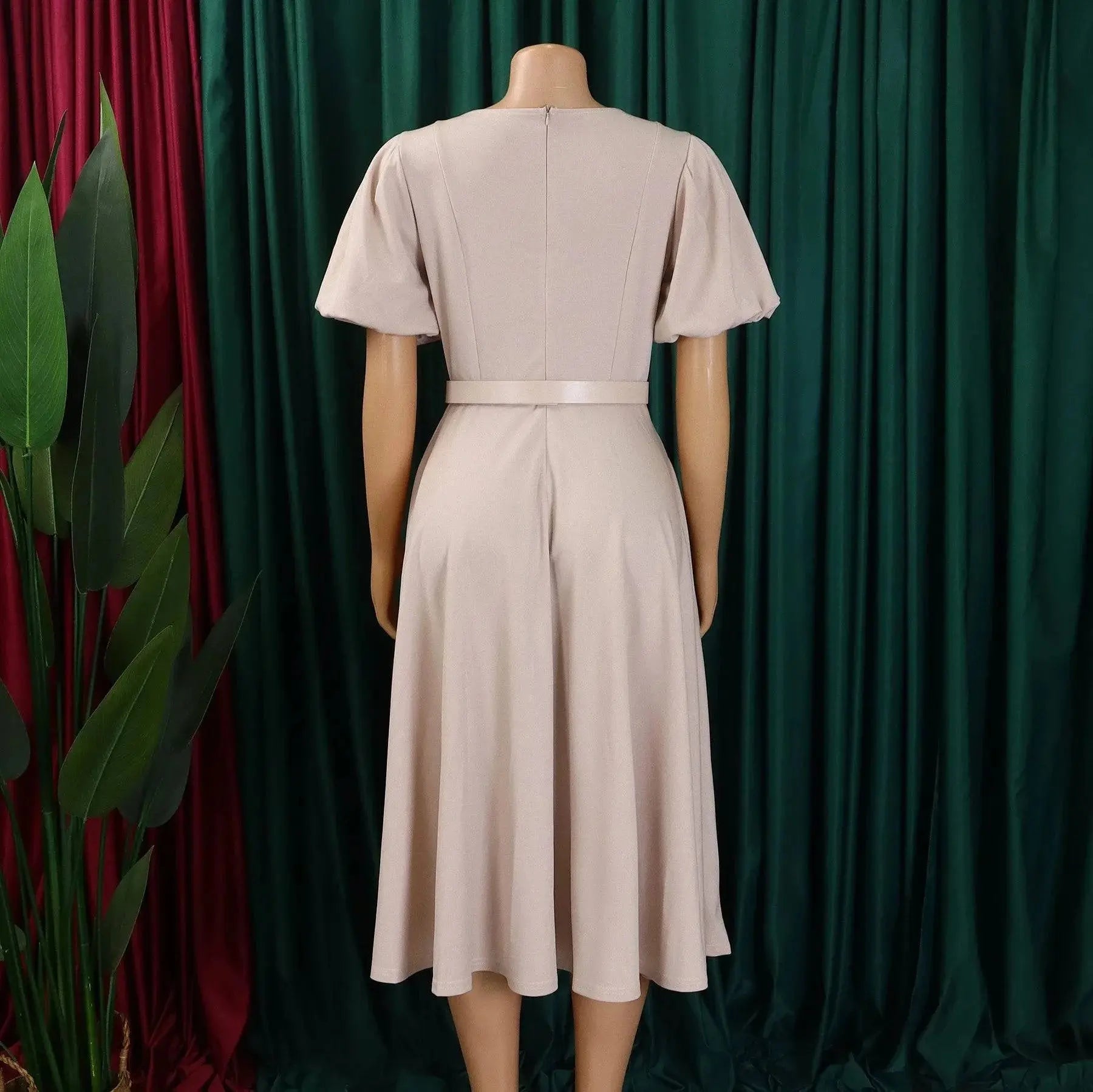 Elegant women's office dress by SHOPEZRA L.L.C. with O-neck, short sleeves, belt, A-line midi length, suitable for formal business wear.