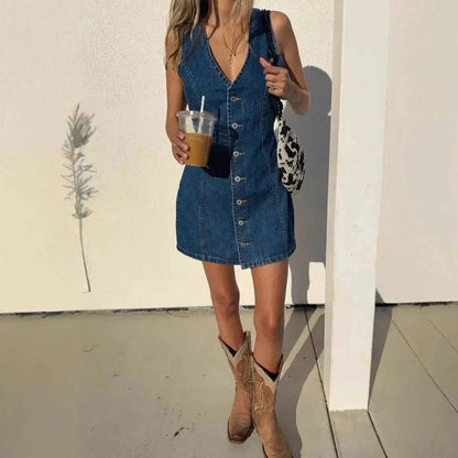 Denim Dress Women Mid Length Dresses Vest Vestidos Y2k Streetwear Elegant Splice Party Night Work V Neck Sleeveless Tight Waist by Dropshipman