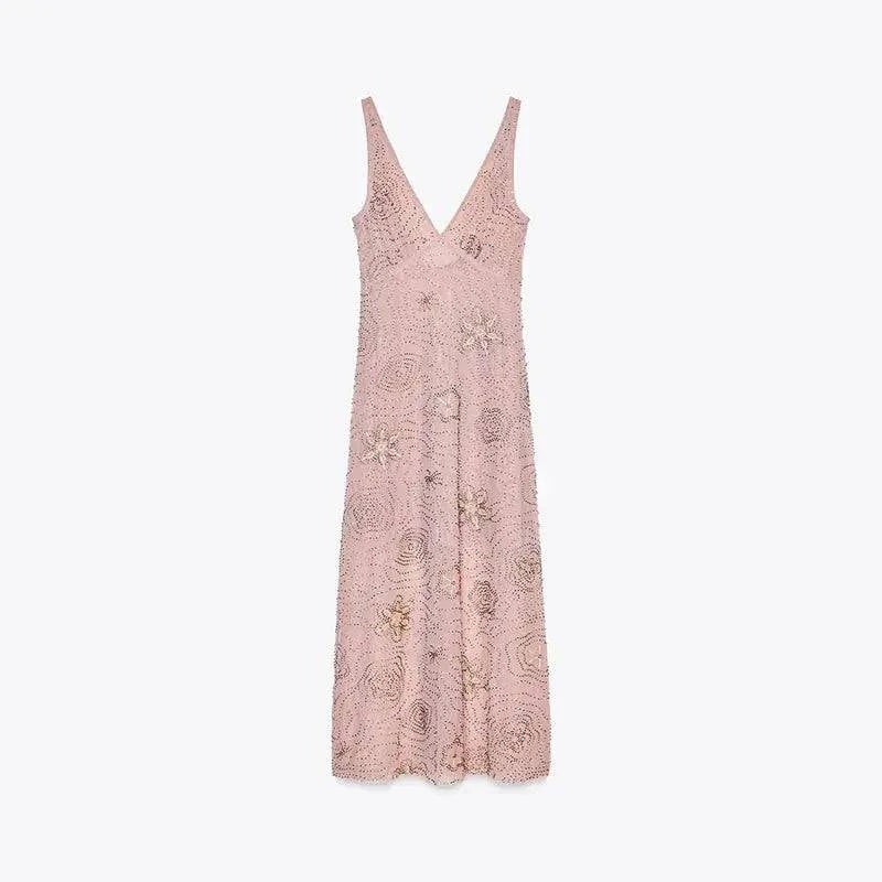 Sleeveless backless women’s evening dress with bead embroidery, sequins, ruffle details, from SHOPEZRA L.L.C., perfect for summer parties.