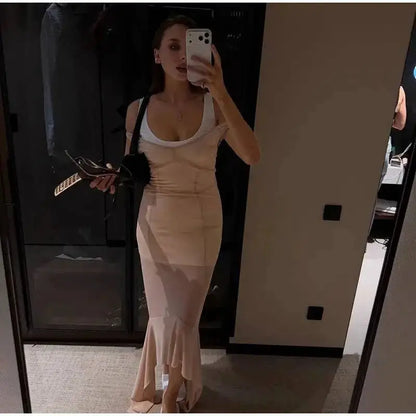 Mesh Overlay Lace Hem Slip Midi Dress Slim Spaghetti Strap Sheer 2026 Summer Elegant Women Bodycon Dress Retro Date Lady Gown by Dropshipman