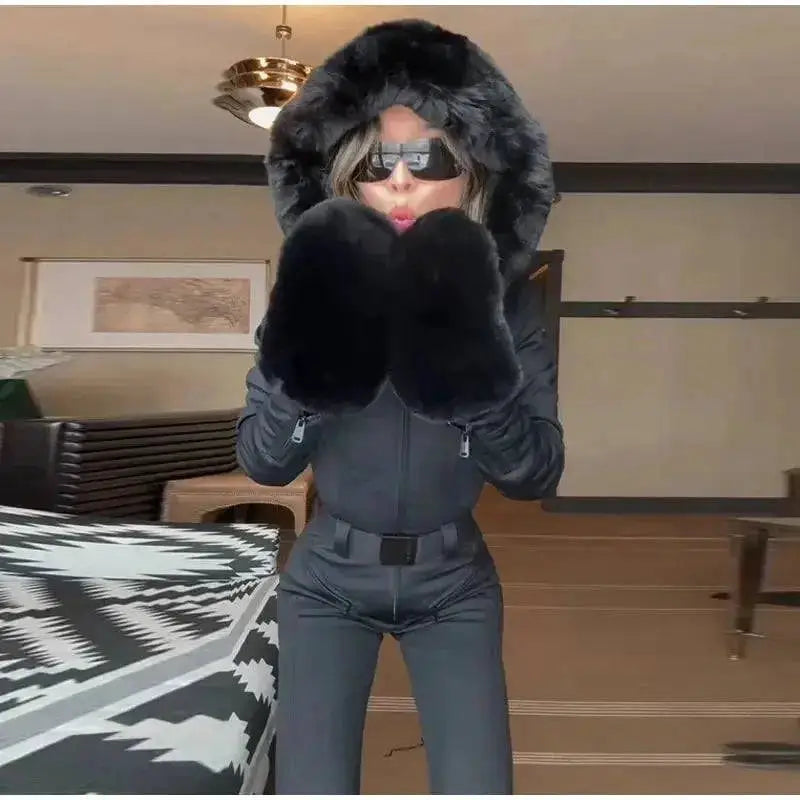 Women Fur Collar Hooded Skiwear Fashion Solid Thicken Zipper High Waist Slim Outdoor Overalls Jumpsuit Lady Winter Outwear by Dropshipman