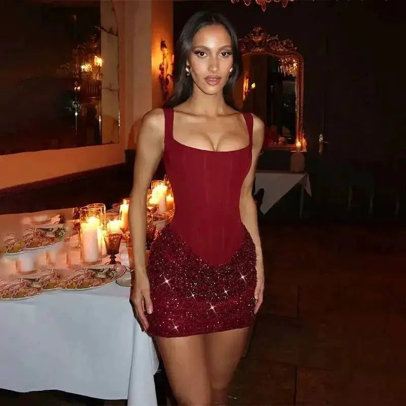 Townlike Pleated Slim Bodycon Dress Women Spaghetti Strap Mini 2026 Summer Dress Sequin Evening Nightclub Sexy Party Dresses by Dropshipman