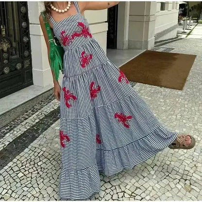 HXAO Embroidery Plaid Long Dresses Women Sleeveless Slip Midi Dress Woman Pleated Backless Beach Dress Vintage Summer Dress by Dropshipman