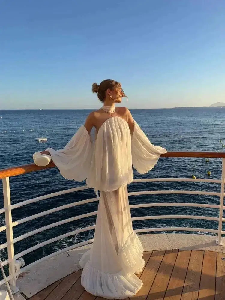 Trendy White Chiffon Off-shoulder Halter Maxi Dress Suit Chic Sheer Mesh Long Sleeve Flowy Vestidos 2026 New Formal Evening Gown by Dropshipman
