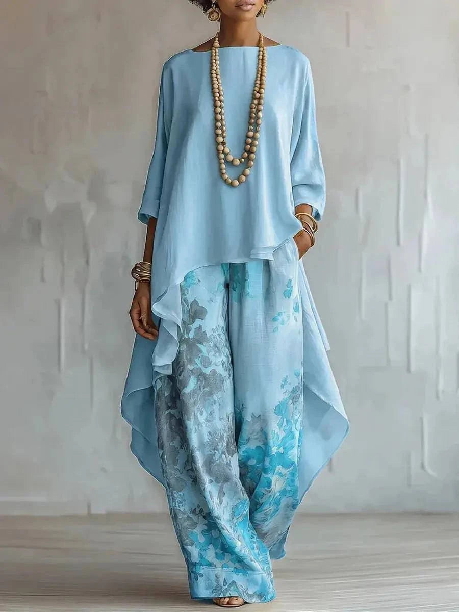 Shopezra L.L.C. casual two-piece set with loose O-neck top and wide-leg printed pants, ideal for commuting and everyday wear.