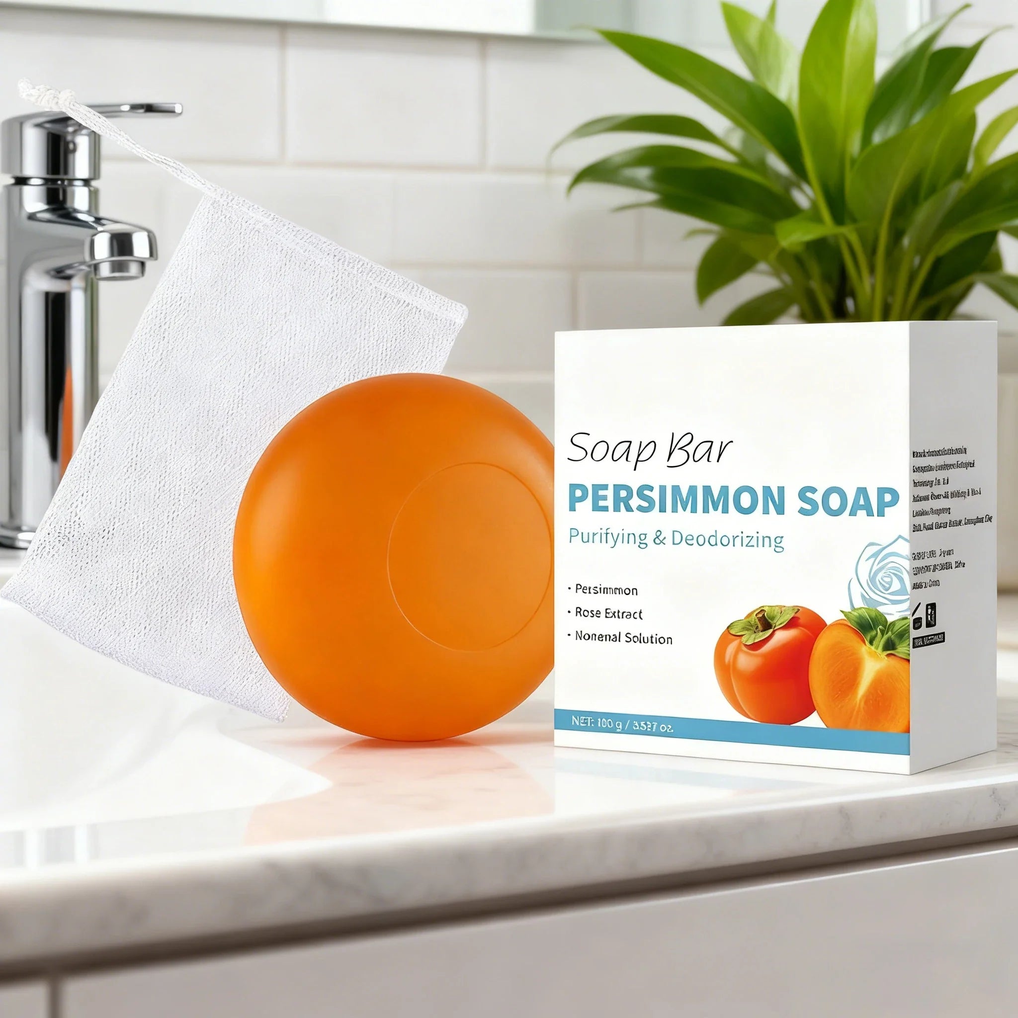 Persimmon Soap Bar Japanese Persimmon &amp; Green Tea Extract For Men and Women Gentle on All Skin Types Deodorizing Soap Rose Scent