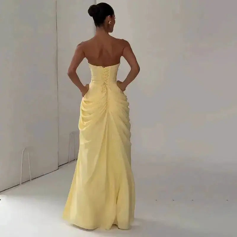 Elegant Solid Strapless Pleated Dress Women Chic Sleeveless Waist Cinching Split Maxi Vestidos 2026 Lady Evening Party Dresses by Dropshipman