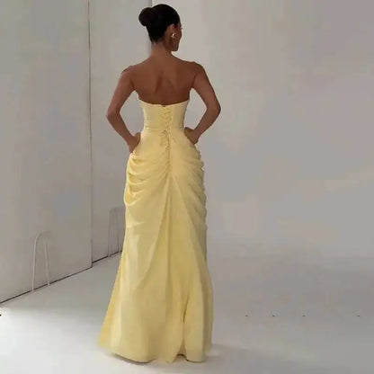 Elegant Solid Strapless Pleated Dress Women Chic Sleeveless Waist Cinching Split Maxi Vestidos 2026 Lady Evening Party Dresses by Dropshipman