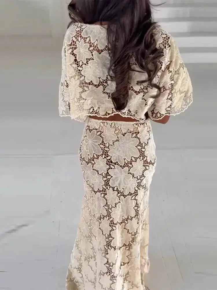 Flower Short Top Long Half Skirt Lady Set Round Neck Short Sleeve Tops High Waist Slim Maxi Skirts Sexy Fashion Women&
