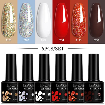 LILYCUTE 6Pcs 7ML Gel DIY Nails Polish Set Bright Pink Nail Charms Soak Off UV LED Gel Varnish Nail Art Design Accessories