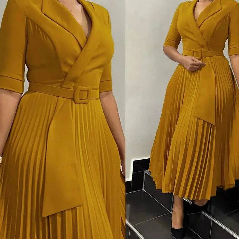 Elegant black midi dress with notched collar, half sleeves, waist belt, perfect for office or birthday parties, by SHOPEZRA L.L.C.