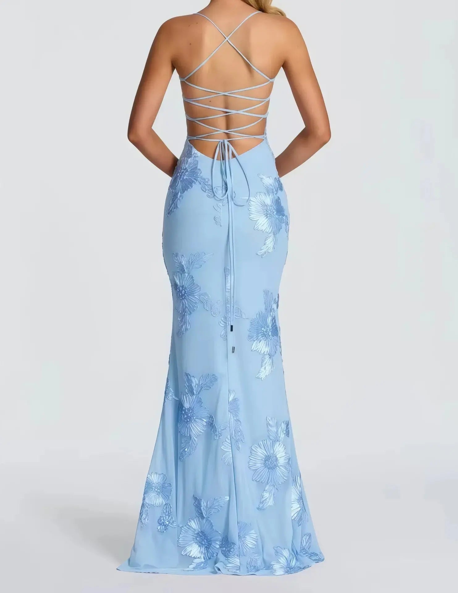 Elegant Women 3d Embroidery Floral Long Dress Women Backless Cross Tied Spaghetti Strap Robe Slim Floor Length Evening Dresses SHOPEZRA L.L.C.