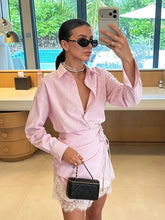 Striped Mini Dress Women Lapel Single Breasted Long Sleeves Lace Patchwork Waistband Robe Female 2026 Summer Beach Vacation Sets SHOPEZRA L.L.C.