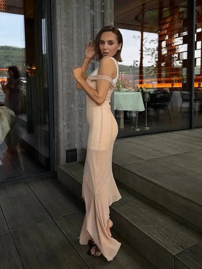 Mesh Overlay Lace Hem Slip Midi Dress Slim Spaghetti Strap Sheer 2026 Summer Elegant Women Bodycon Dress Retro Date Lady Gown by Dropshipman